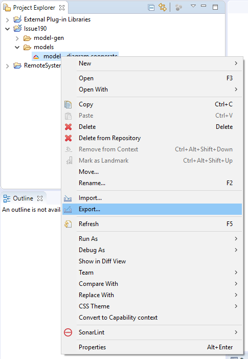 Screenshot of the context menu with the position of the export action.