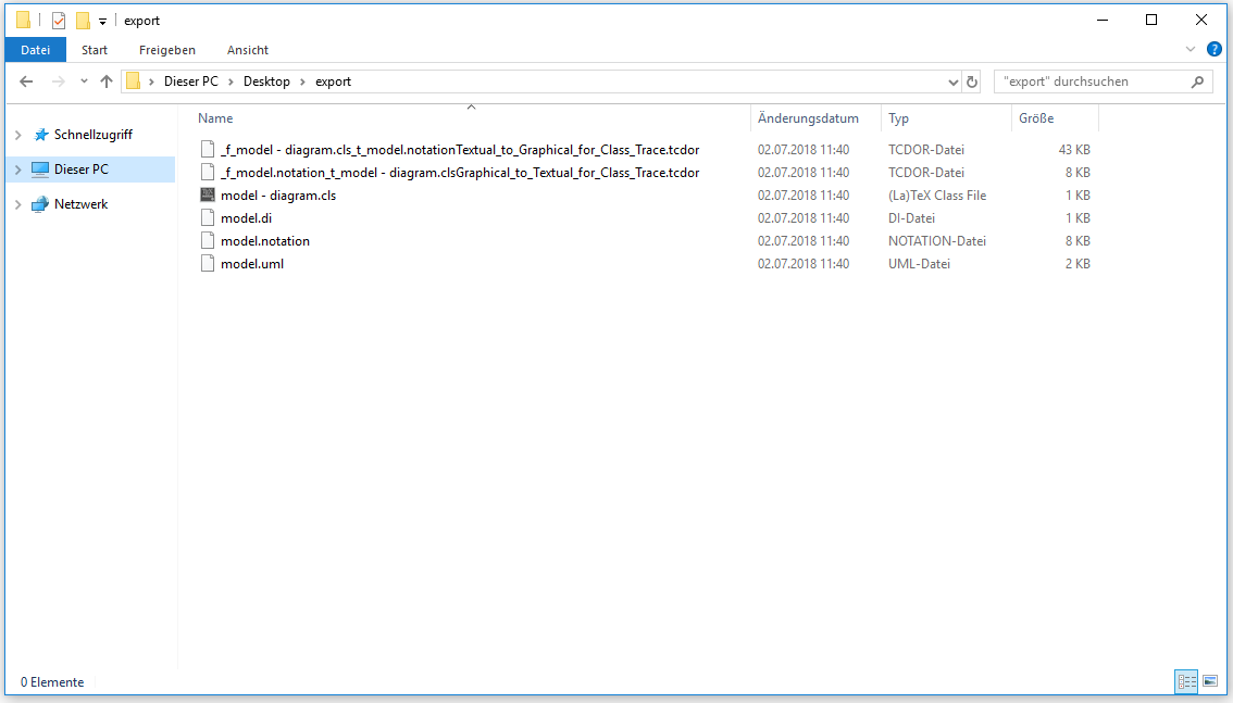 Screenshot of the export destination after successful export, consisting of 6 model specific files.