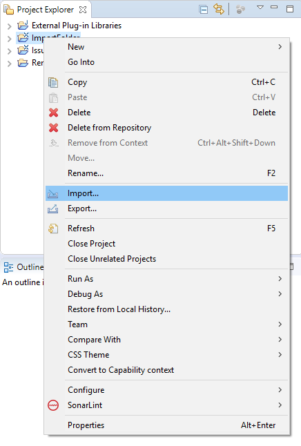 Screenshot of the context menu with the position of the import action.