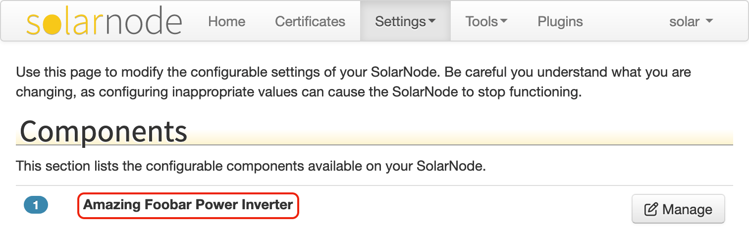 Amazing Foobar Power Inverter component shown on main settings screen in the SolarNode GUI