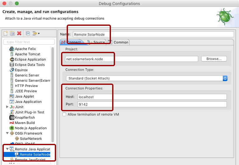 Screen shot of Eclipse remote debug configuration