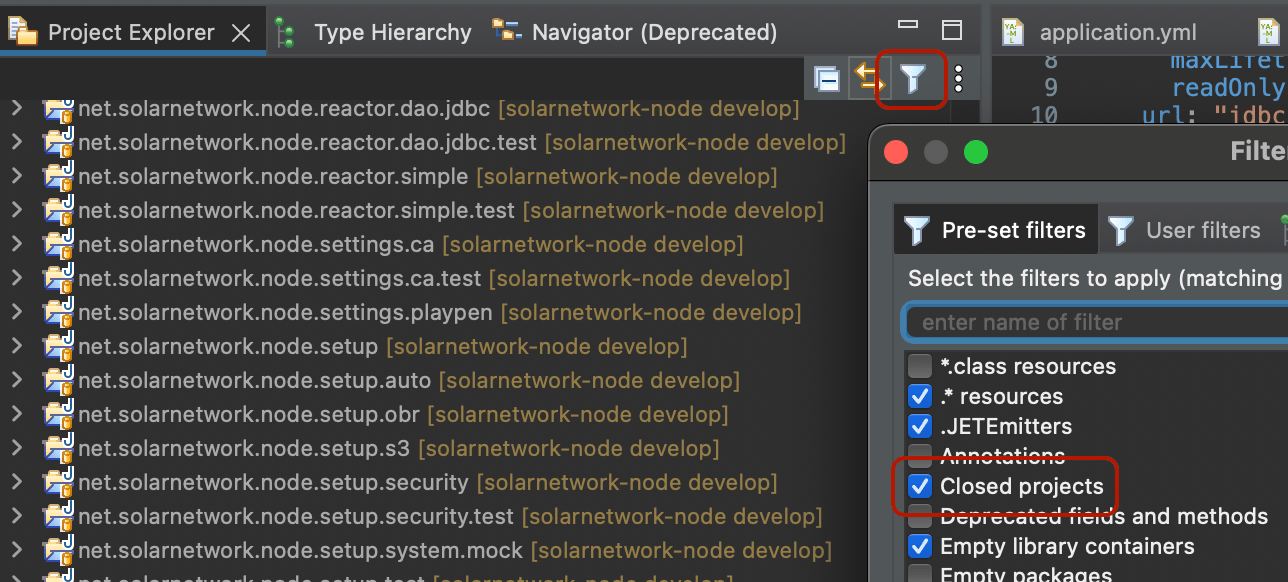 Screen shot of selecting the "Closed projects" filter in the Eclipse Project Explorer