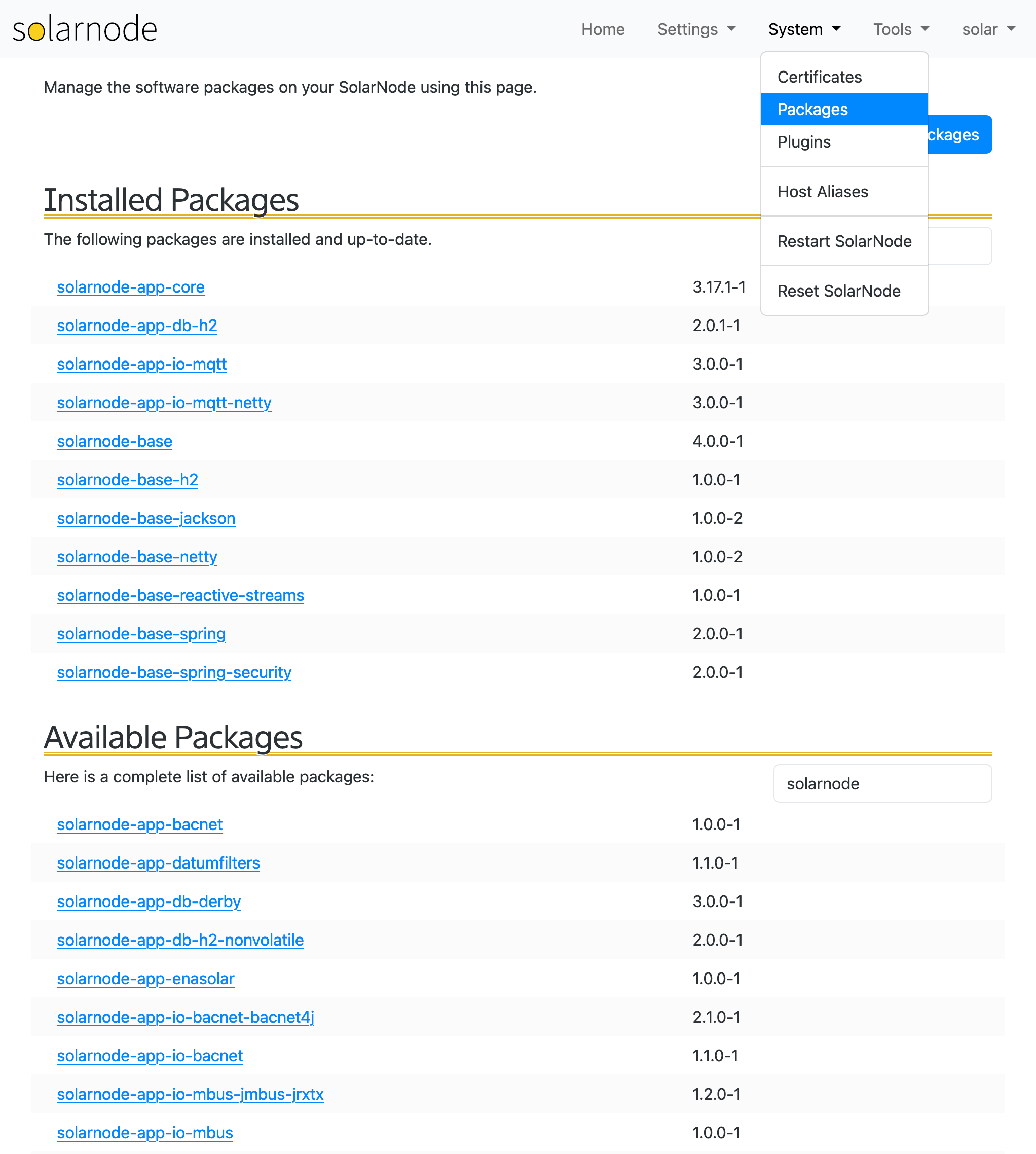 SolarNode package management UI