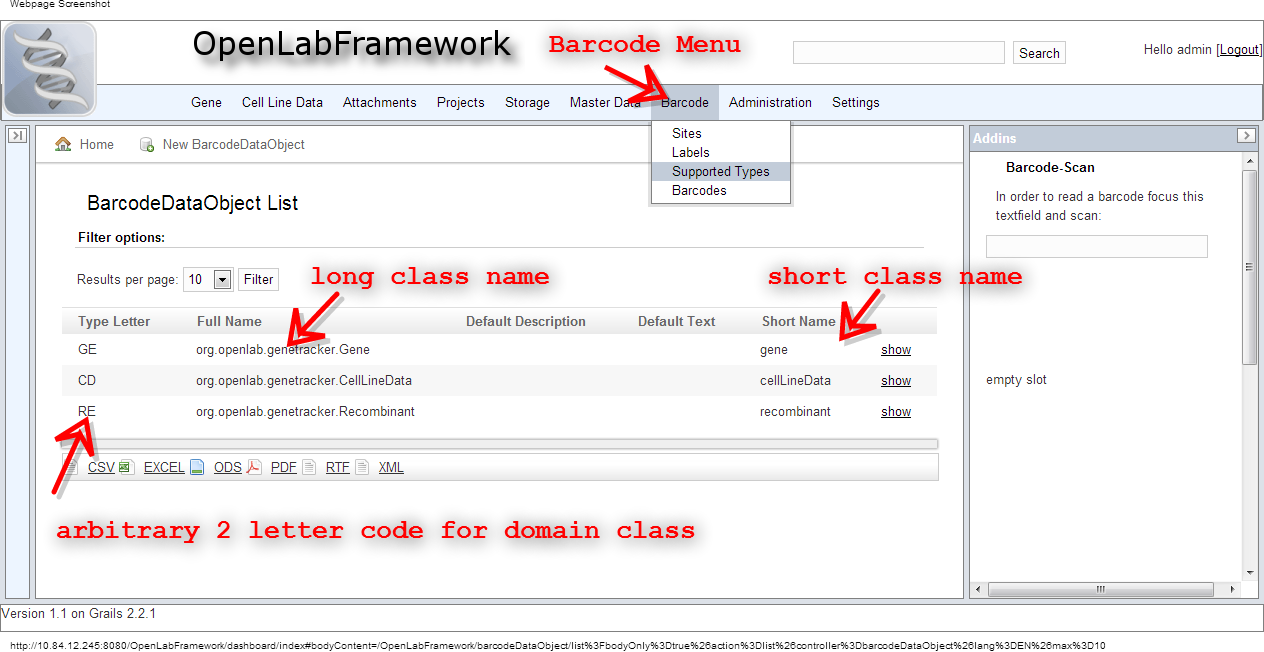 Supported types for barcode labels in OLF