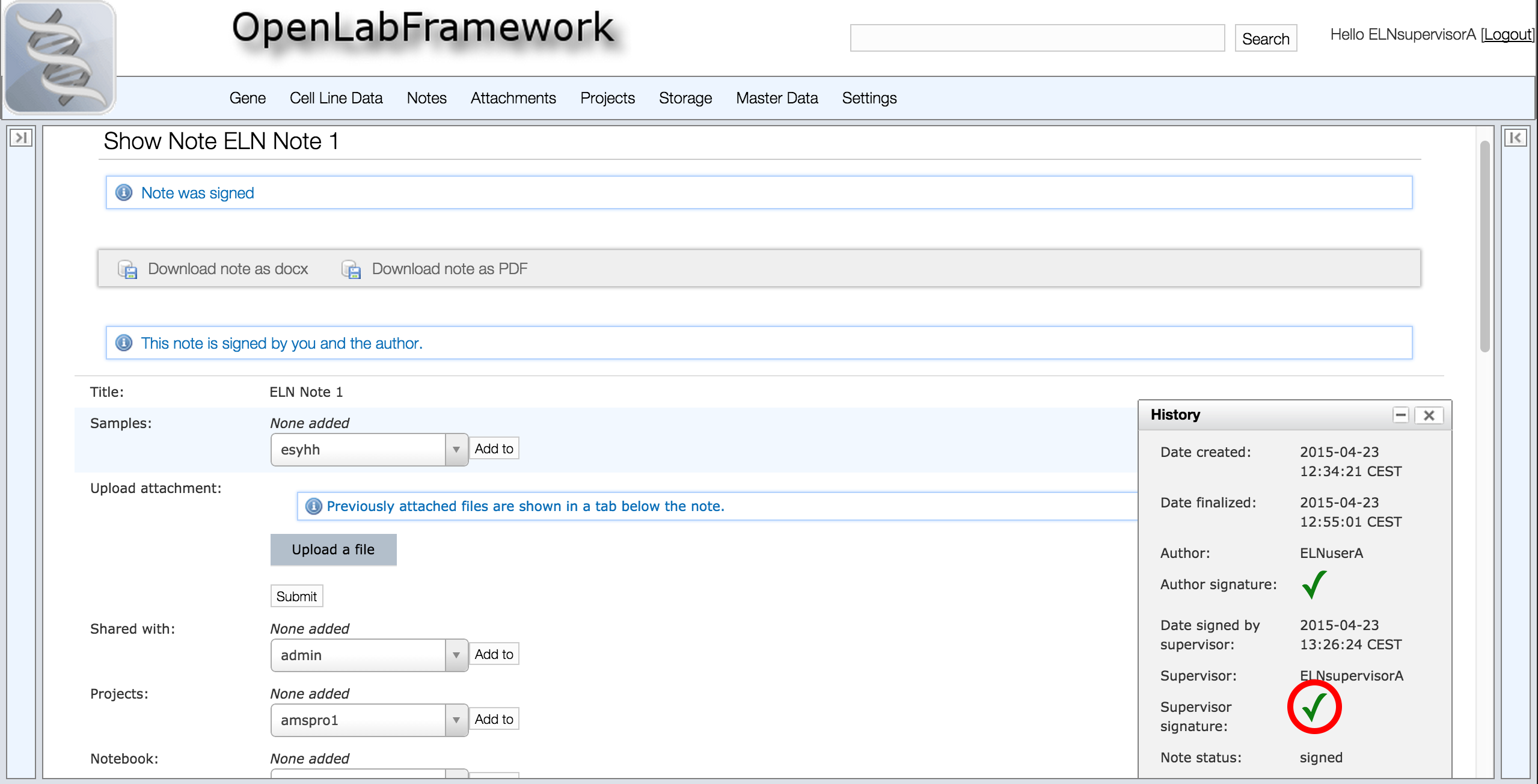 Supervisor signed note